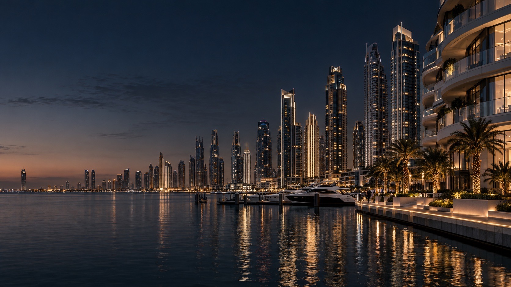 Dubai waterfront residences and illuminated towers at dusk